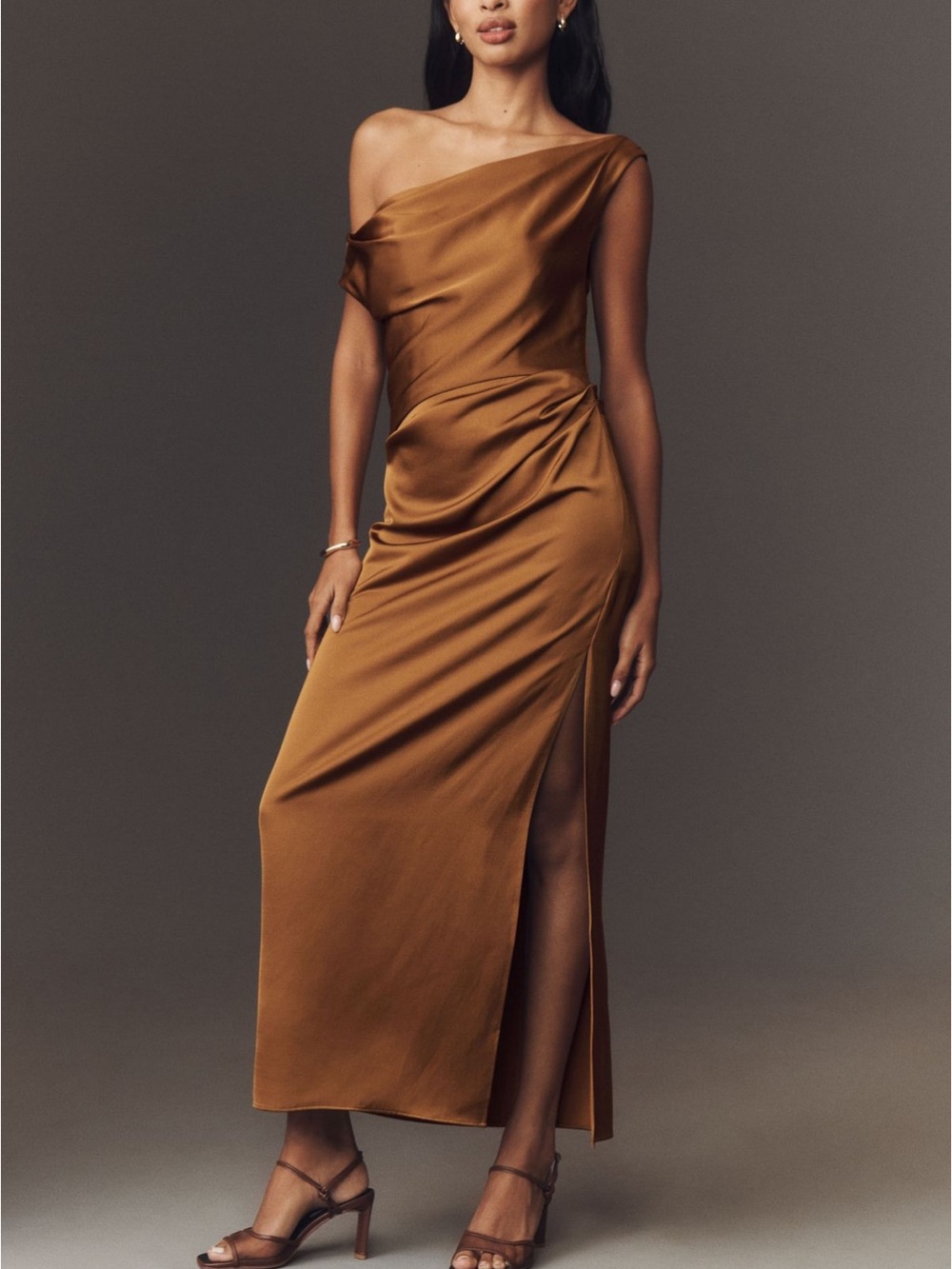 Asymmetric One-Shoulder Maxi Dress in Caramel Brown